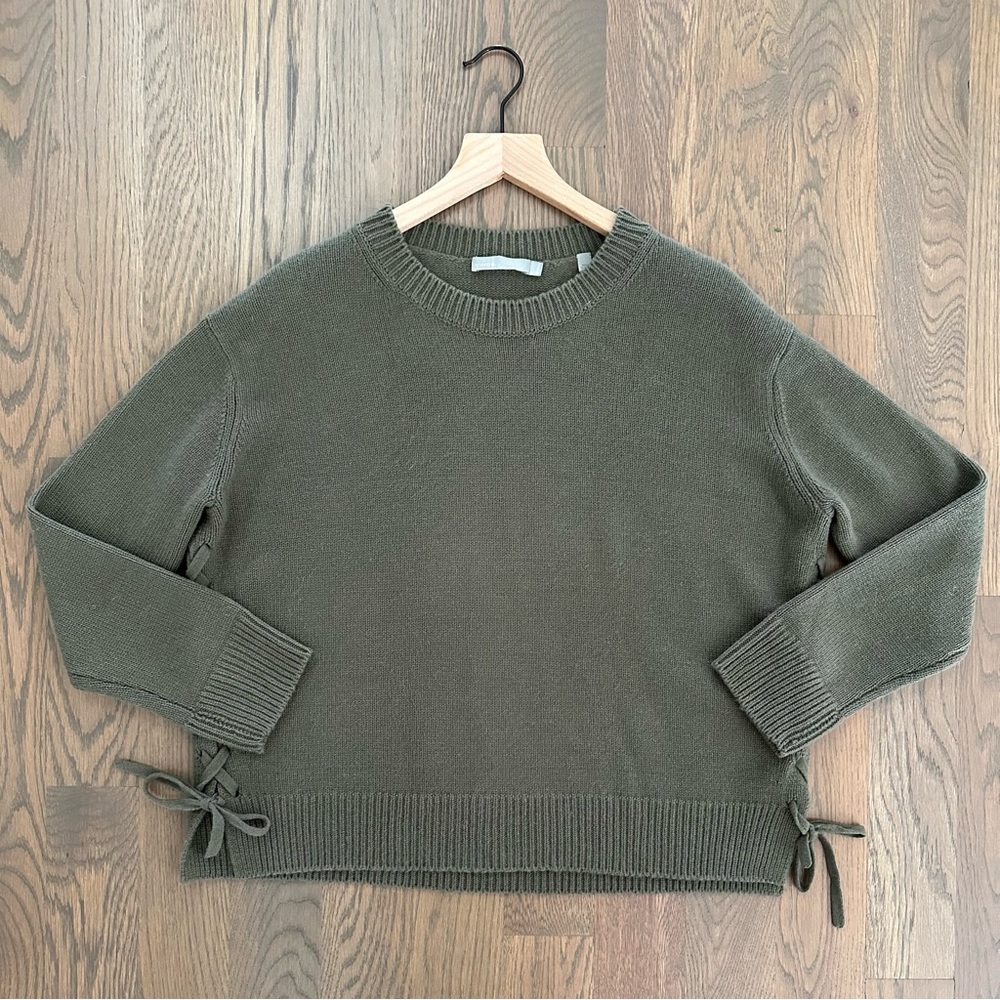 Vince 100% Cashmere Crew Neck Side Tie Long Sleeve Relaxed Fit Sweater Olive XS